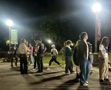 Nighttime crowd under park lamps