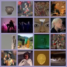 A collage of 16 images including sculptures, paintings, photographs and other artistic images. 