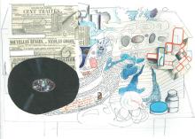 Collage and drawing titled Nouvelle Russes 1965 by Saul Steinberg