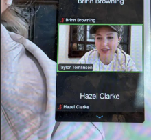 Taylor Tomlison in a Zoom box on a laptop.