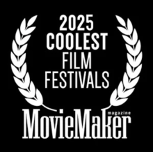 White text that reads, "2025 Coolest Film Festivals MovieMaker Magazine," sits between two white graphics of white grain on a solid black background.