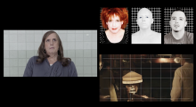 Video essay production screen.  Multiple headshots on a black background. 