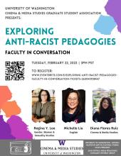 Exploring Anti-Racist Pedagogies event flyer with registration link.  White flyer with geometric color patterns in right top and left bottom corners.  Photo and name/affiliation for the three panelists on the bottom half. 