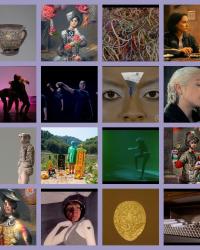 A collage of 16 images including sculptures, paintings, photographs and other artistic images. 