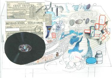 Collage and drawing titled Nouvelle Russes 1965 by Saul Steinberg