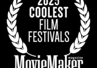 White text that reads, "2025 Coolest Film Festivals MovieMaker Magazine," sits between two white graphics of white grain on a solid black background.