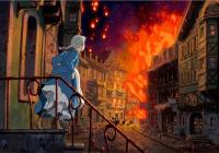 Woman looking out onto burning street