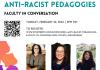 Exploring Anti-Racist Pedagogies event flyer with registration link.  White flyer with geometric color patterns in right top and left bottom corners.  Photo and name/affiliation for the three panelists on the bottom half. 