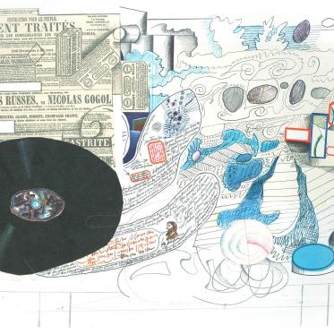 Collage and drawing titled Nouvelle Russes 1965 by Saul Steinberg
